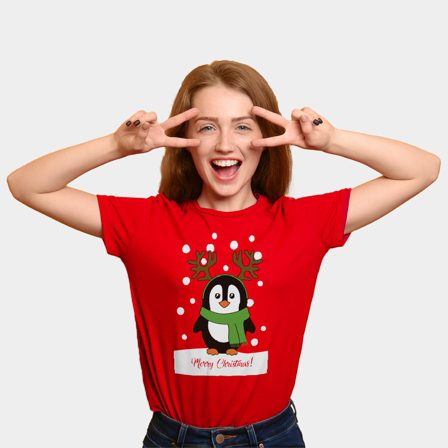 Red Family Christmas T-Shirt with Penguin womens