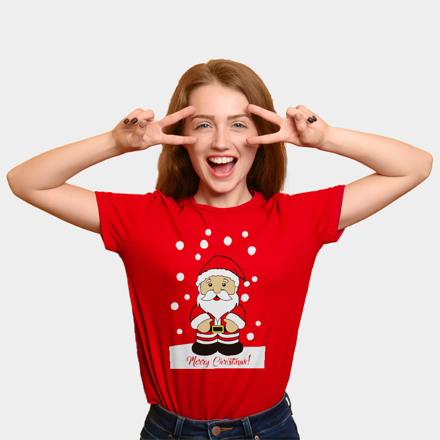 womens Red Family Christmas T-Shirt with Santa Claus