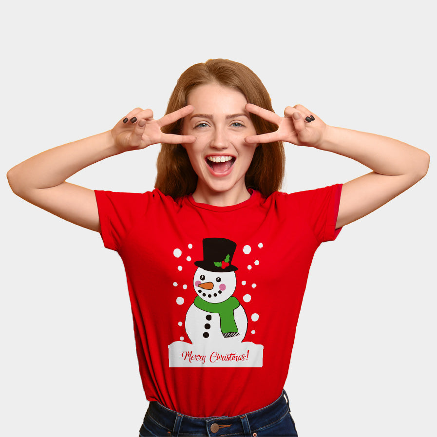 Womens Red Family Christmas T-Shirt with Snowman