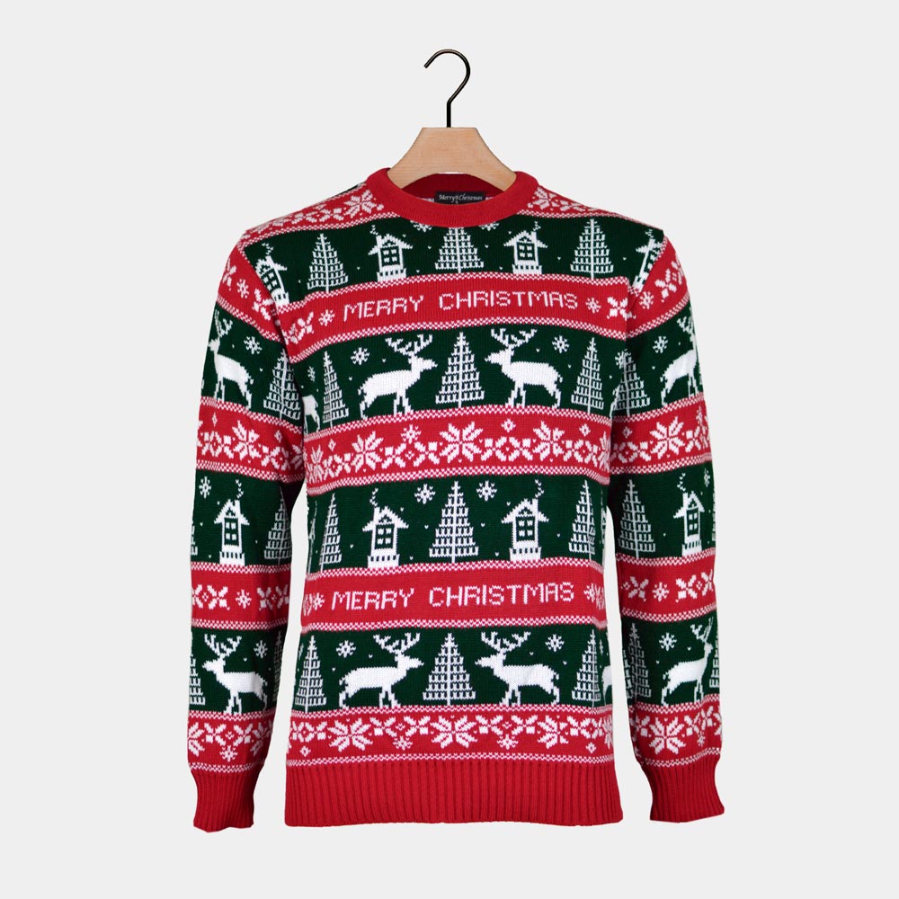 Red Mens Green Strips Christmas Jumper