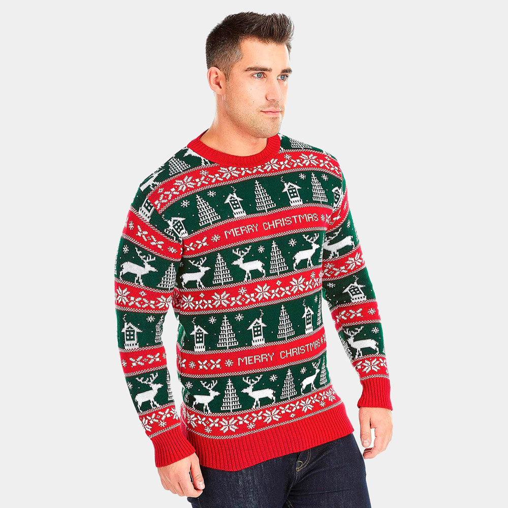 Mens Red and Green Strips Christmas Jumper