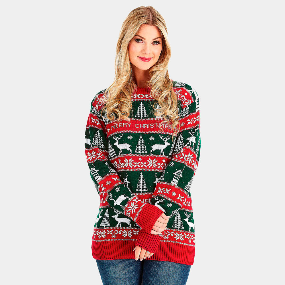 Red and Green Strips Christmas Jumper Womens