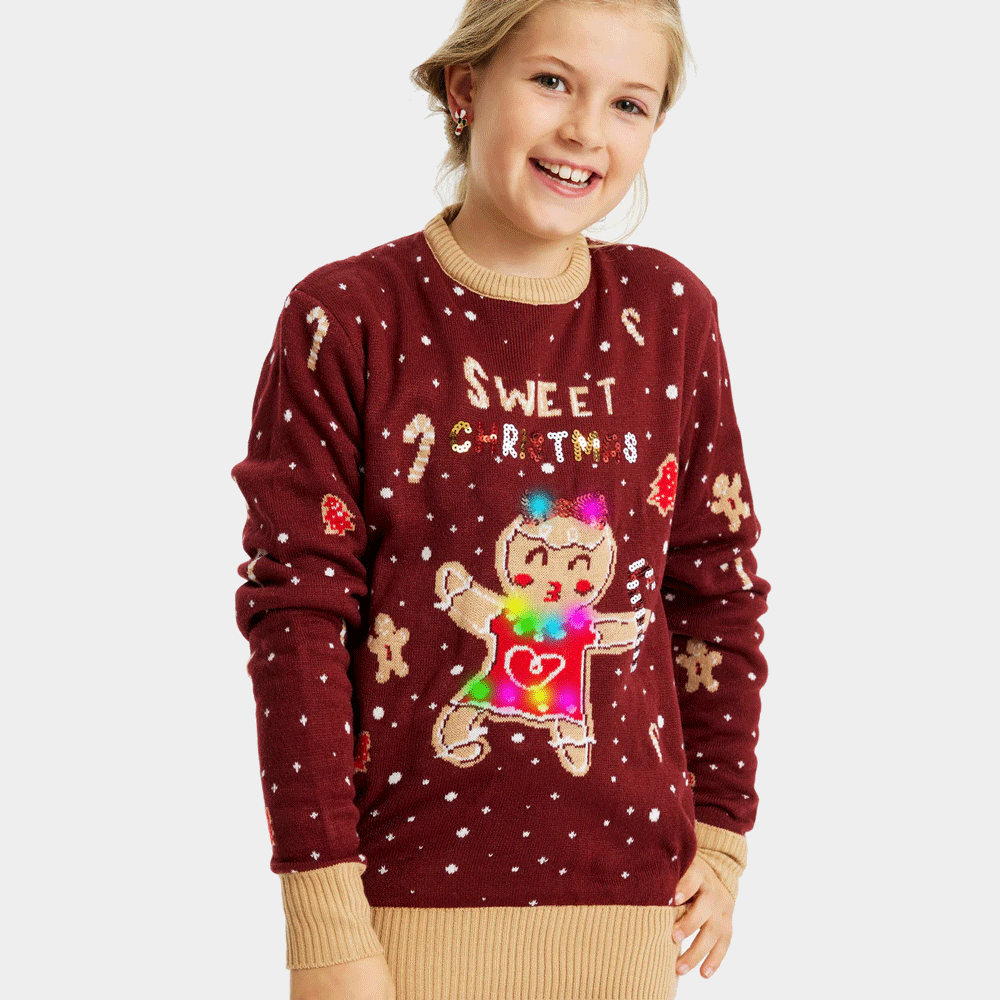 Red LED light-up Girls Christmas Jumper with Ginger Cookie
