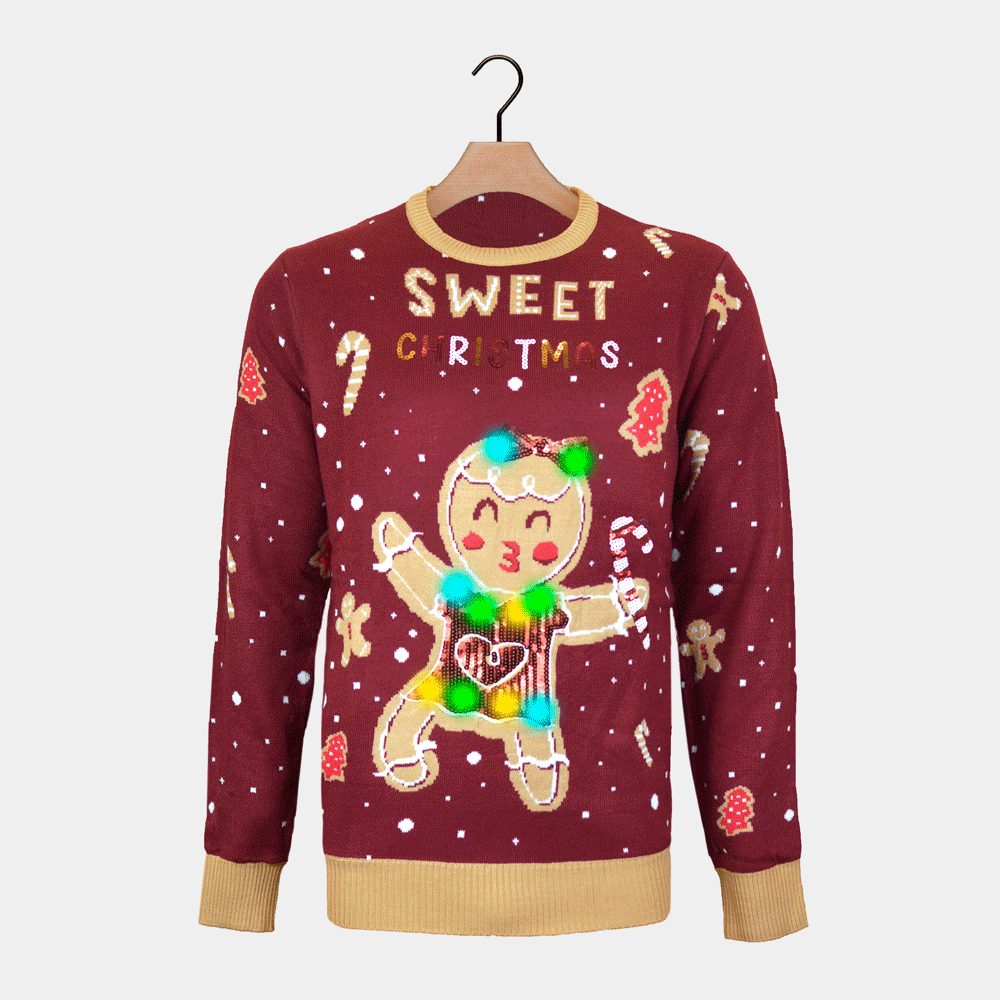 Red LED light-up Christmas Jumper with Ginger Cookie Family 