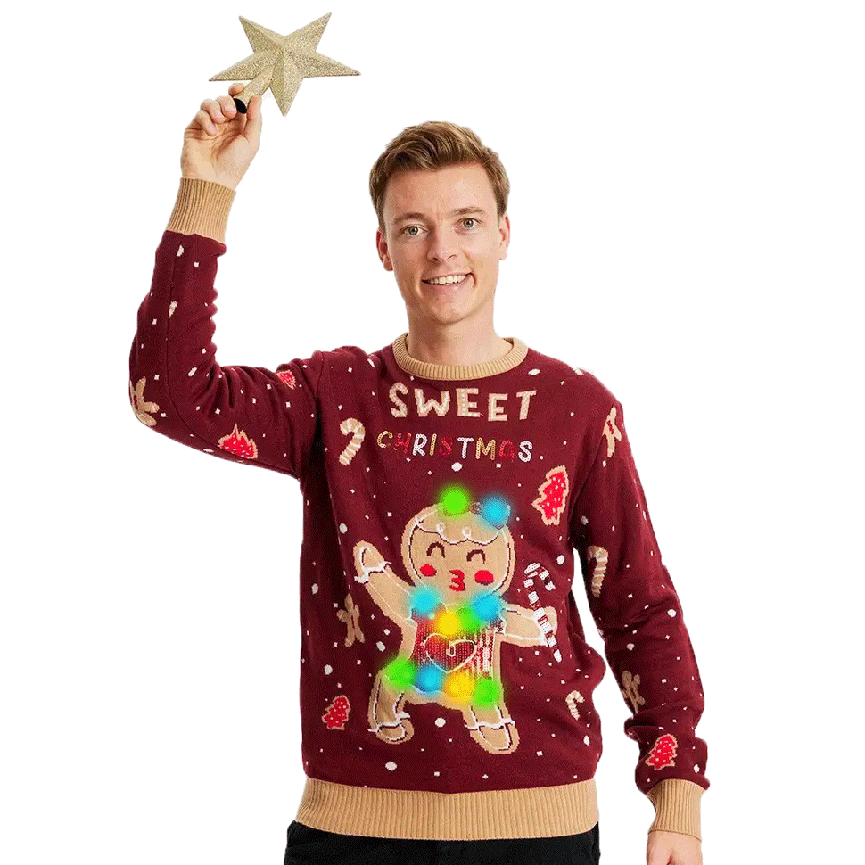 Red LED light-up Christmas Jumper with Ginger Cookie mens