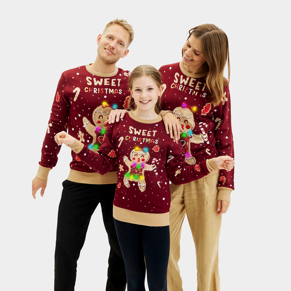 Red LED light-up Mens Family Christmas Jumper with Ginger Cookie 