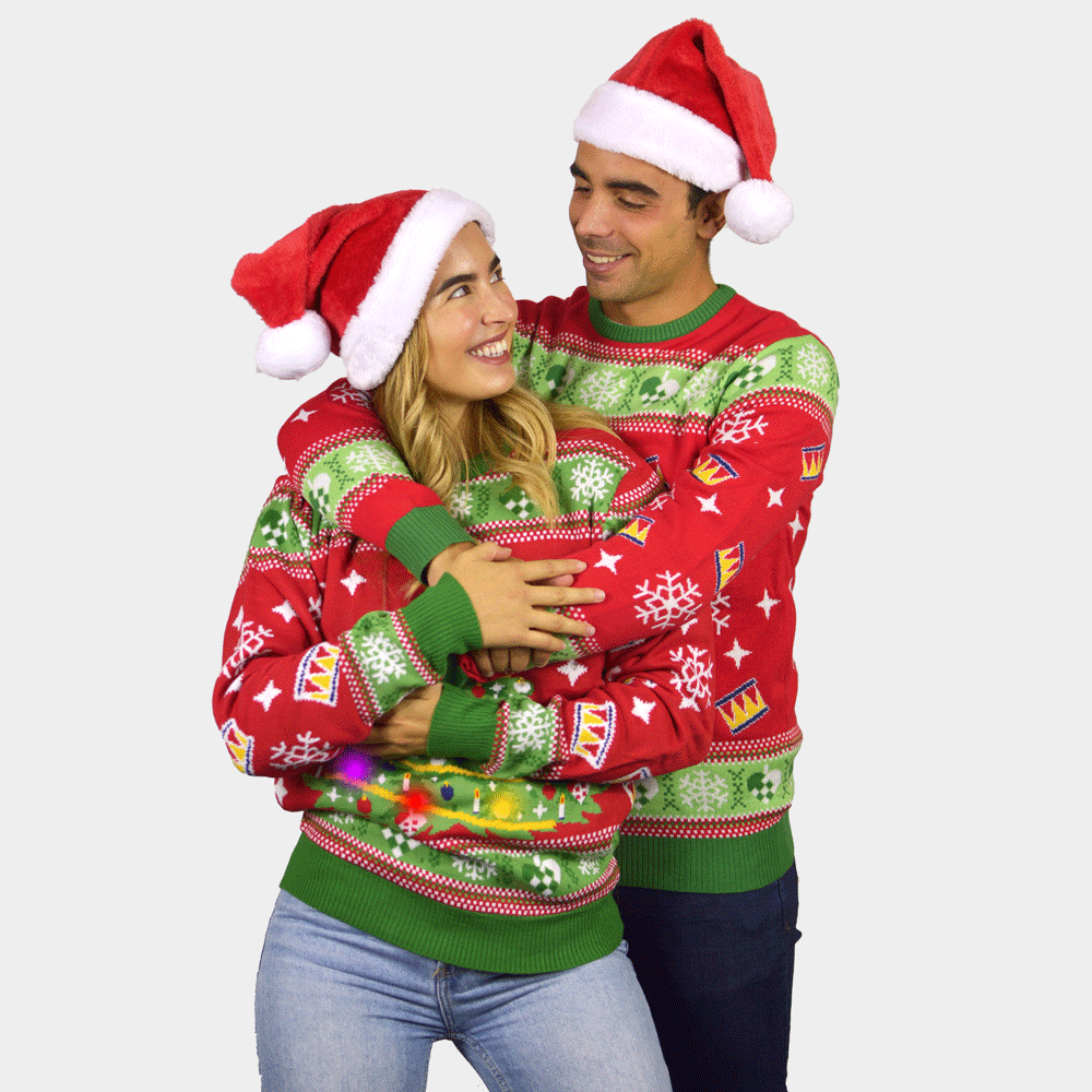 Red LED light-up Mens Womens Christmas Jumper with Christmas Tree
