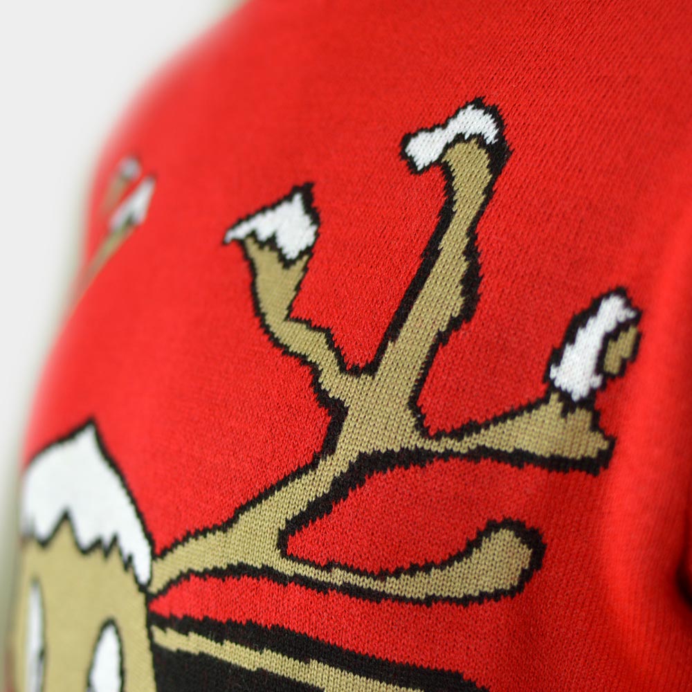 detail Red Men's Christmas Jumper with Smiling Reindeer