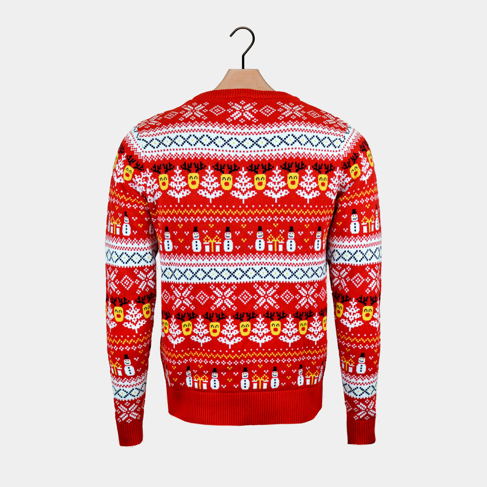 Organic Cotton Mens Red Christmas Jumper Snowmen and Trees
