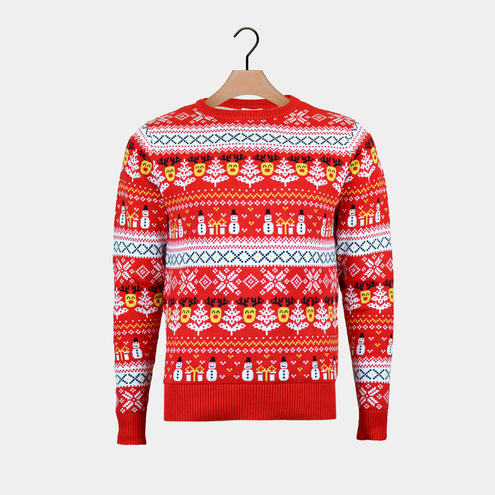 Christmas Red Organic Cotton Mens Jumper Snowmen and Trees
