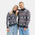 Turtleneck Organic Cotton Couple's Grey Christmas Jumper with Reindeers