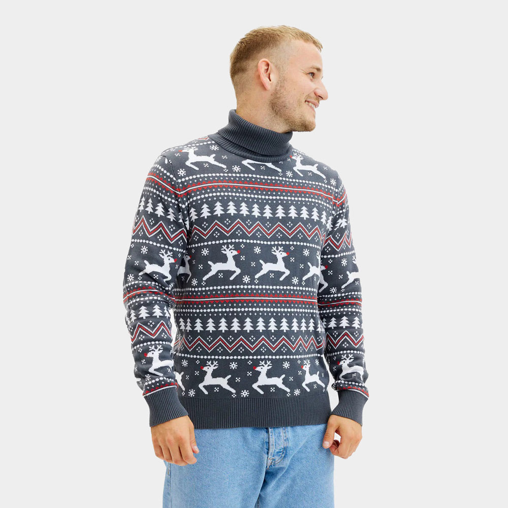 Organic Cotton Men's Grey Turtleneck Christmas Jumper with Reindeers