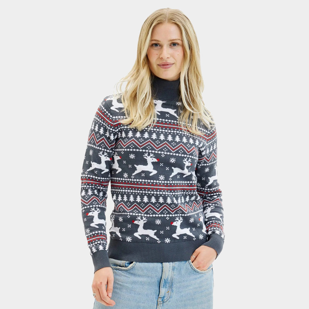 Turtleneck Organic Cotton Women's Grey Christmas Jumper with Reindeers