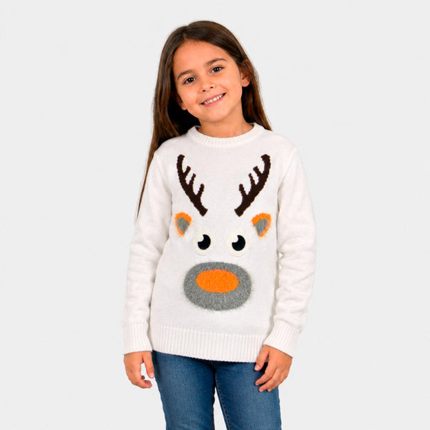 White 3D Childrens Christmas Jumper with Hairy Reindeer Girl