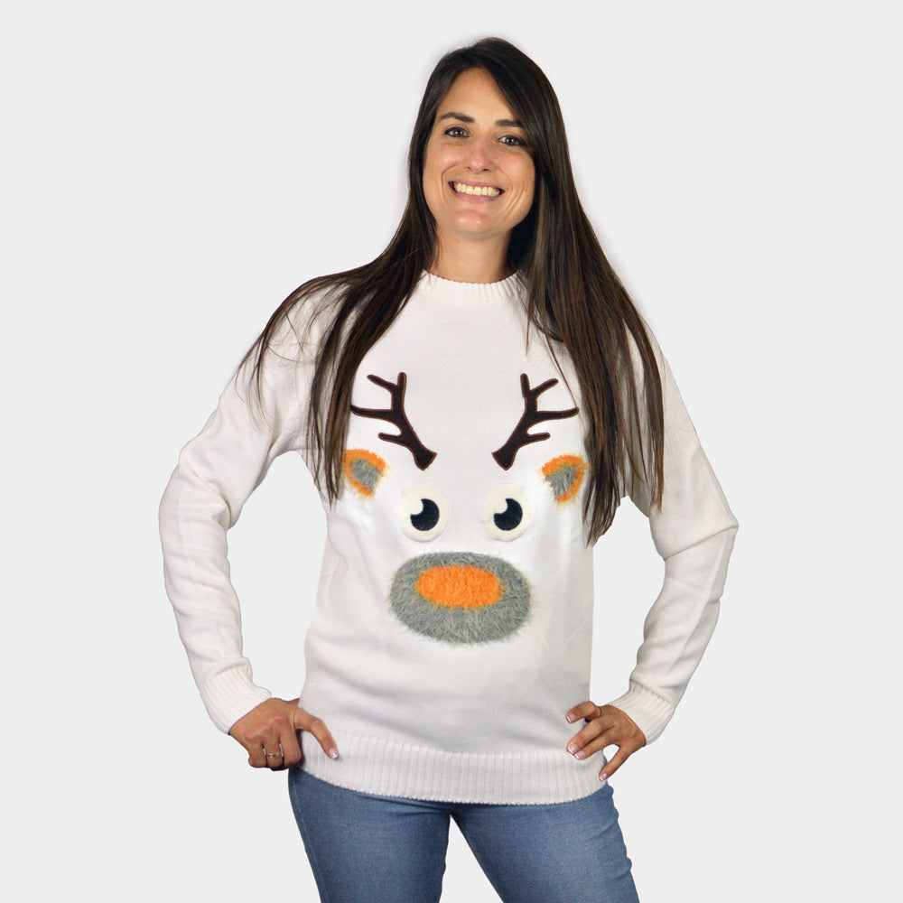 White 3D Couple's Christmas Jumper with Hairy Reindeer womens