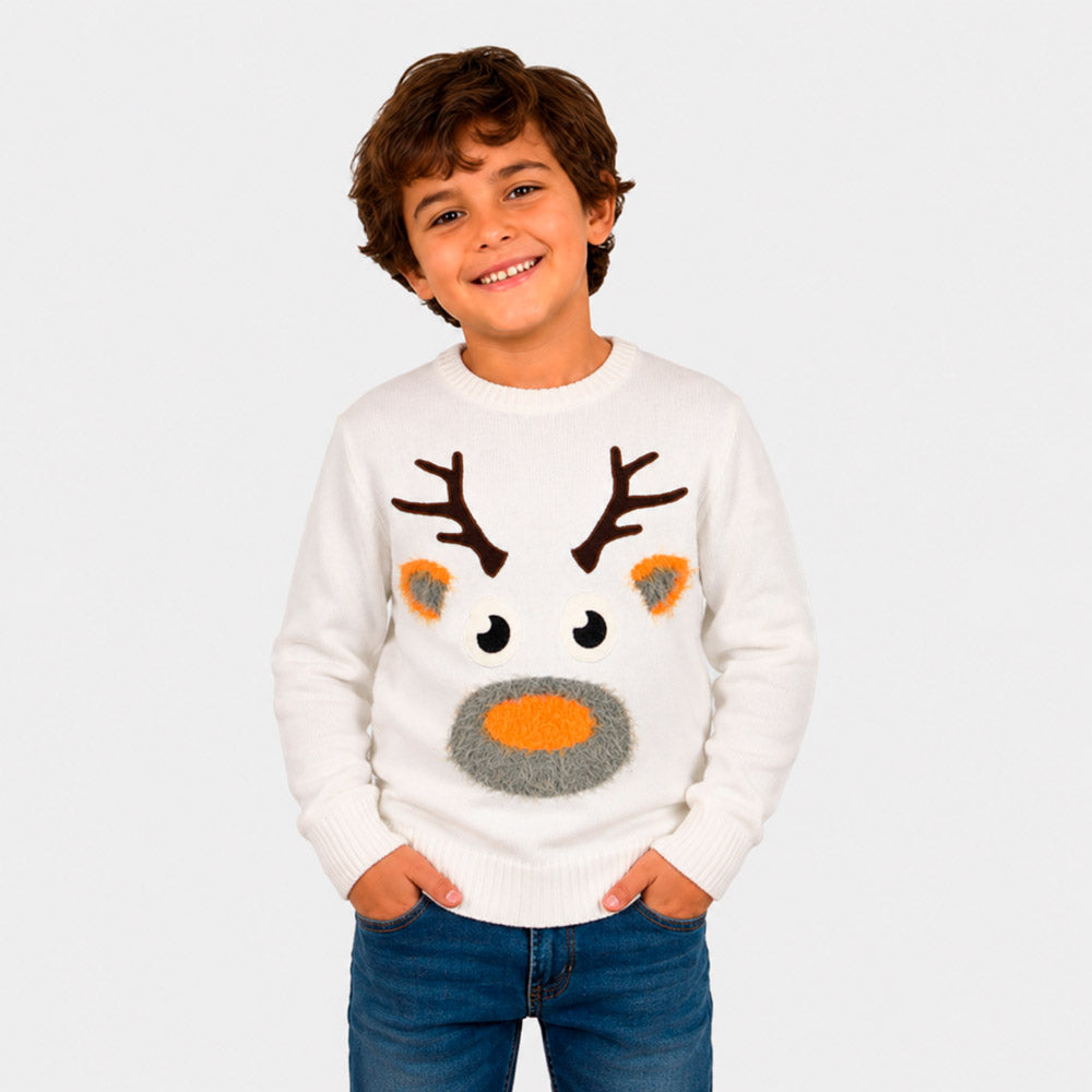 White 3D Family Christmas Jumper with Hairy Reindeer Boy