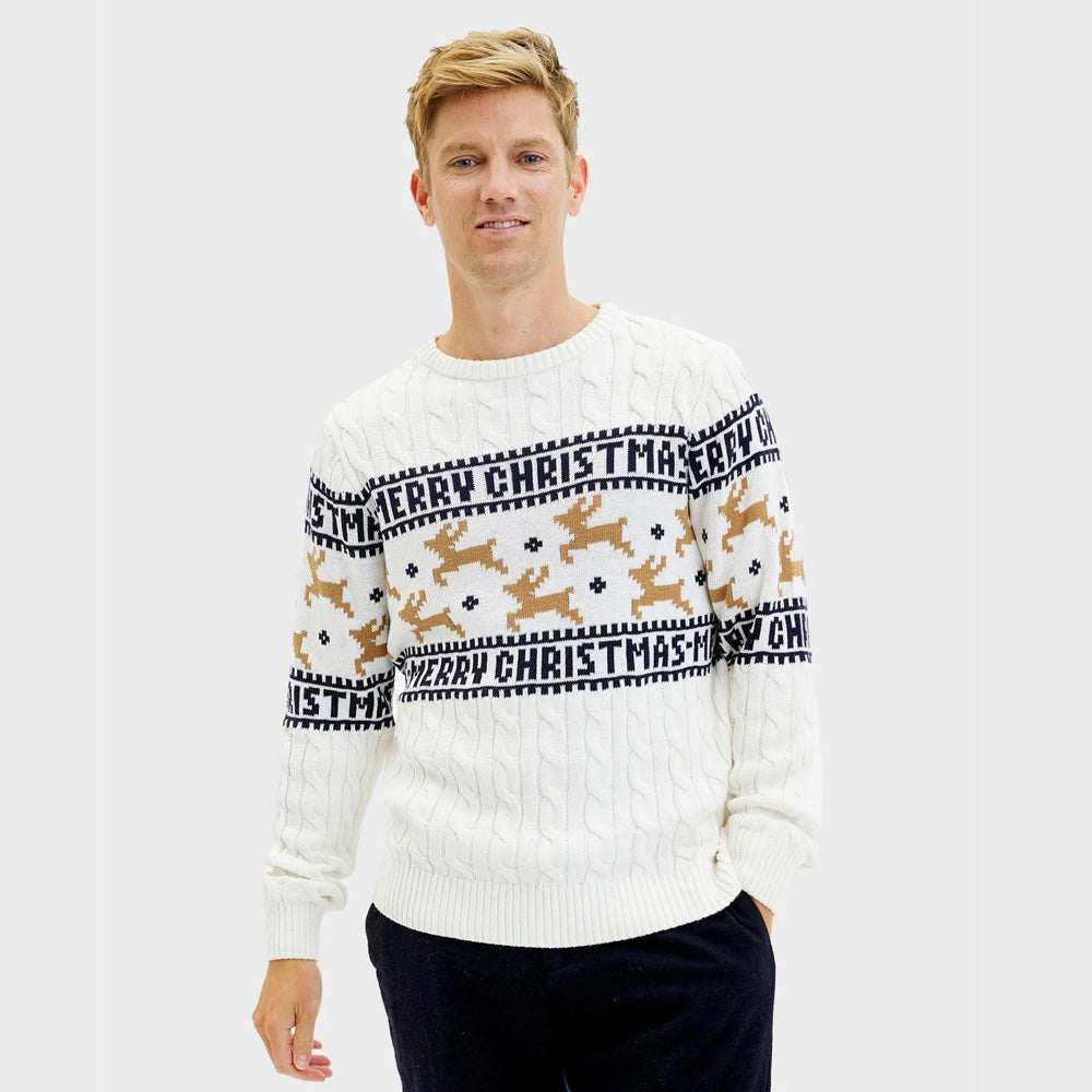 White Organic Cotton Mens Classy Christmas Jumper Reindeers
