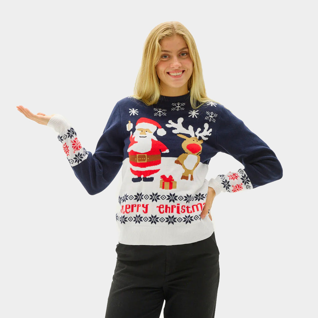 Blue Boys Womens Girls Christmas Jumper with Santa and Rudolph
