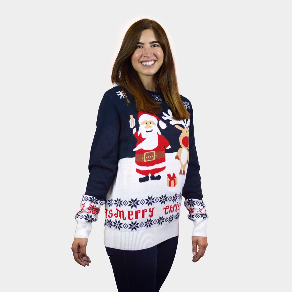 womens Blue Couple's Christmas Jumper with Santa and Rudolph