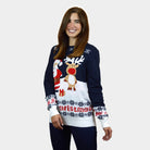 Womens Blue Organic Cotton Couple's Christmas Jumper with Santa and Rudolph