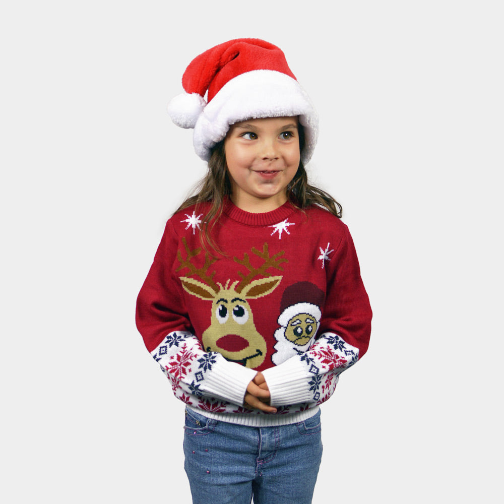 Womens Christmas Jumper Children Santa and Rudolph Smiling

