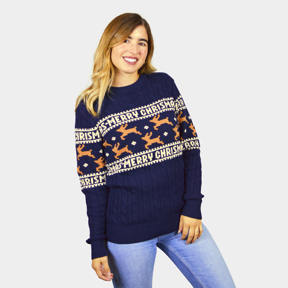 Classy Blue Organic Cotton Couple's Christmas Jumper with Reindeers womens