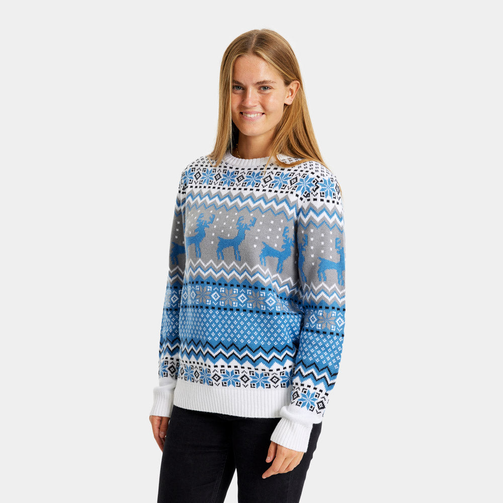 Classy White, Grey and Blue Couple's Christmas Jumper with Reindeers womens