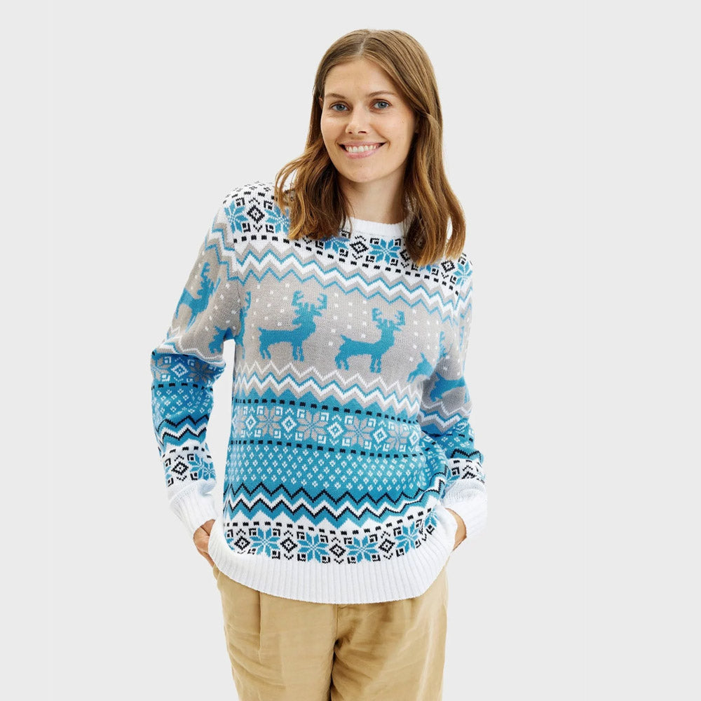 Womens Classy White, Grey and Blue Mens Christmas Jumper Reindeers