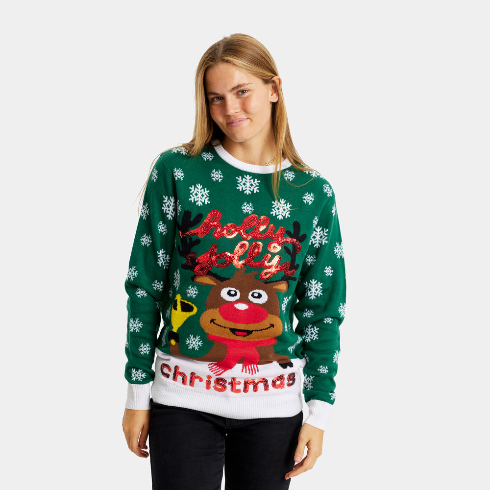 womens Green Couple's Christmas Jumper Holly Jolly with Sequins