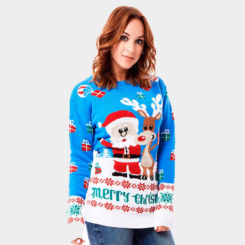 womens Light Blue Couple's Christmas Jumper with Santa and Rudolph