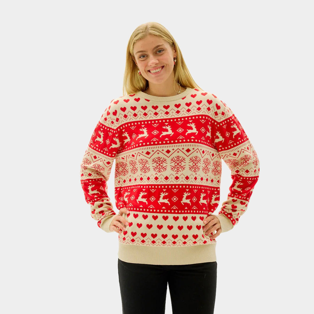 Red Womens Beige Organic Cotton Mens Christmas Jumper with Hearts
