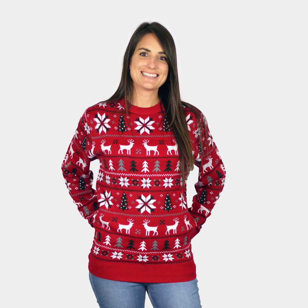 Red Boys and Girls Christmas Jumper Womens Reindeers, Trees and Polar Star

