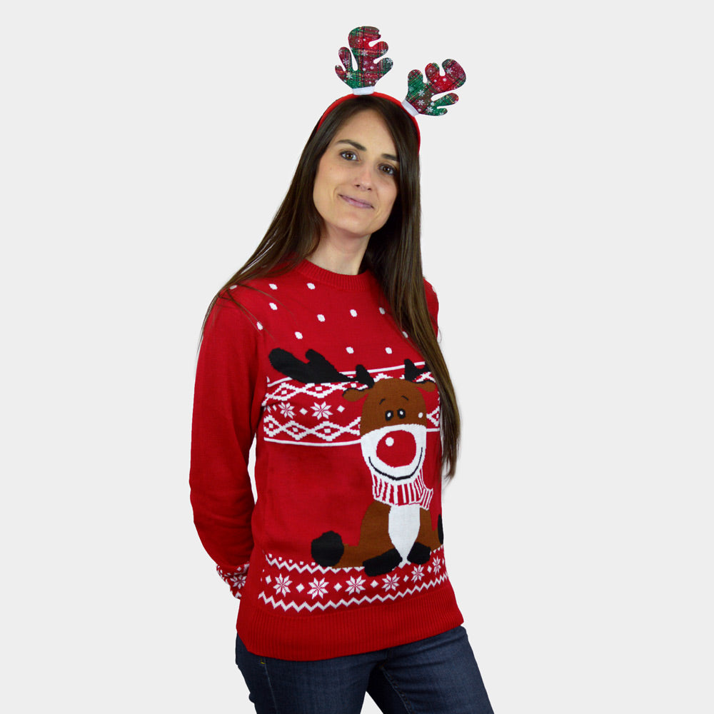 Red Boys and Girls Christmas Womens Jumper with Rudolph the Happy Reindeer
