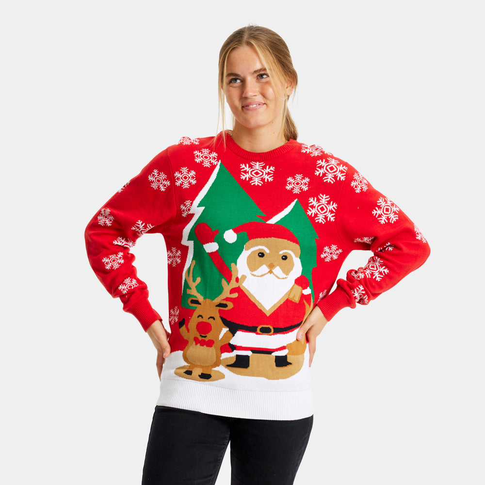 Red Boys Womens Girls Christmas Jumper Santa and Reindeer Greeting

