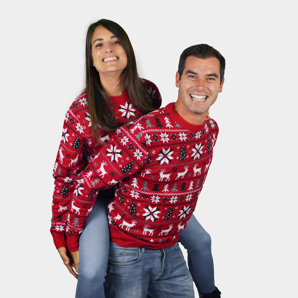 Red Mens Christmas Jumper Womens Reindeers, Trees and Polar Star
