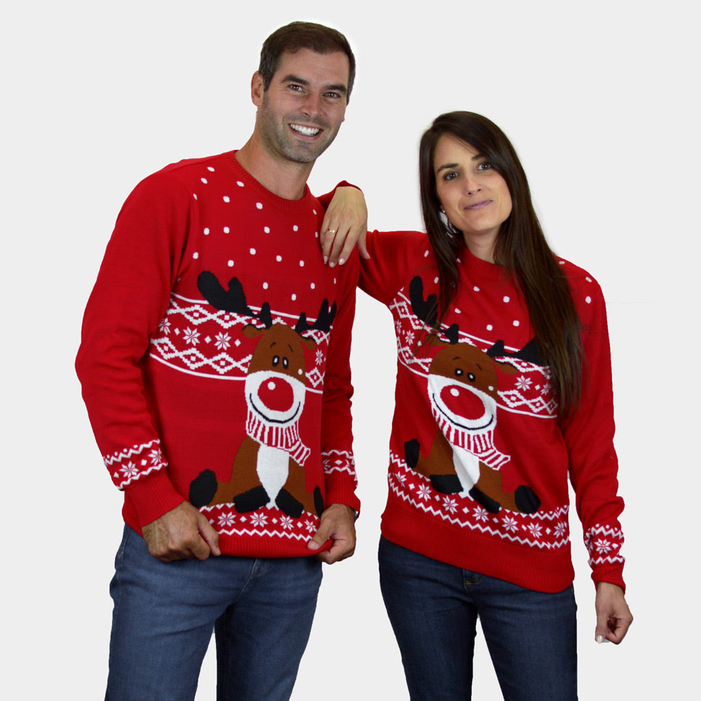 Red Mens Christmas Jumper Womens Rudolph the Happy Reindeer
