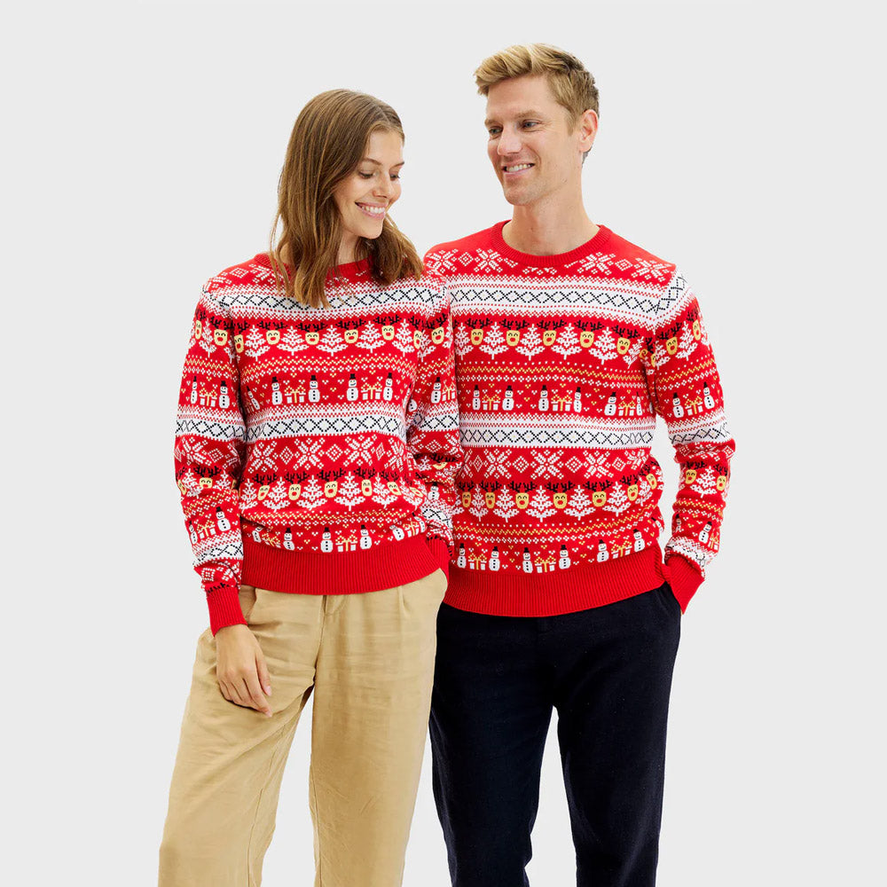 Red Organic Cotton Mens Christmas Jumper Snowmen and Trees Womens