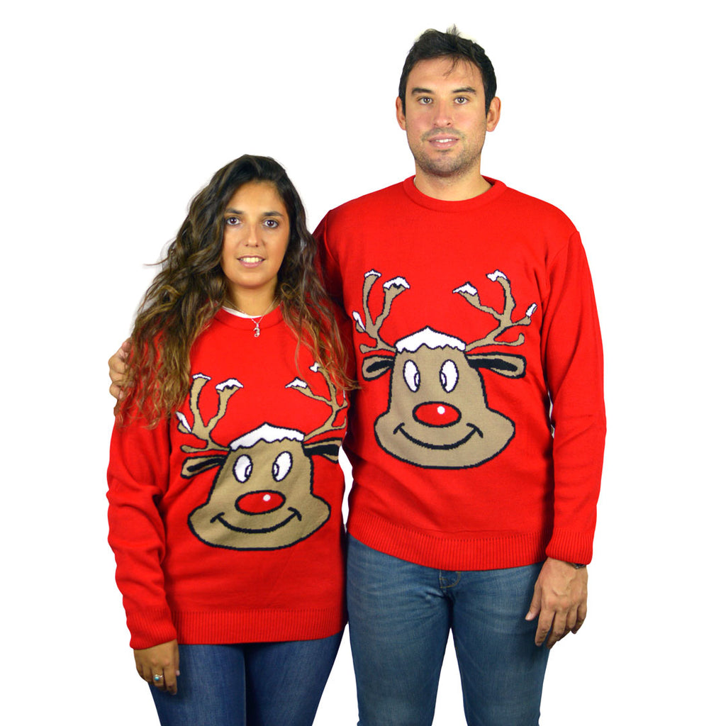 Red Christmas Jumper with Smiling Reindeer couple
