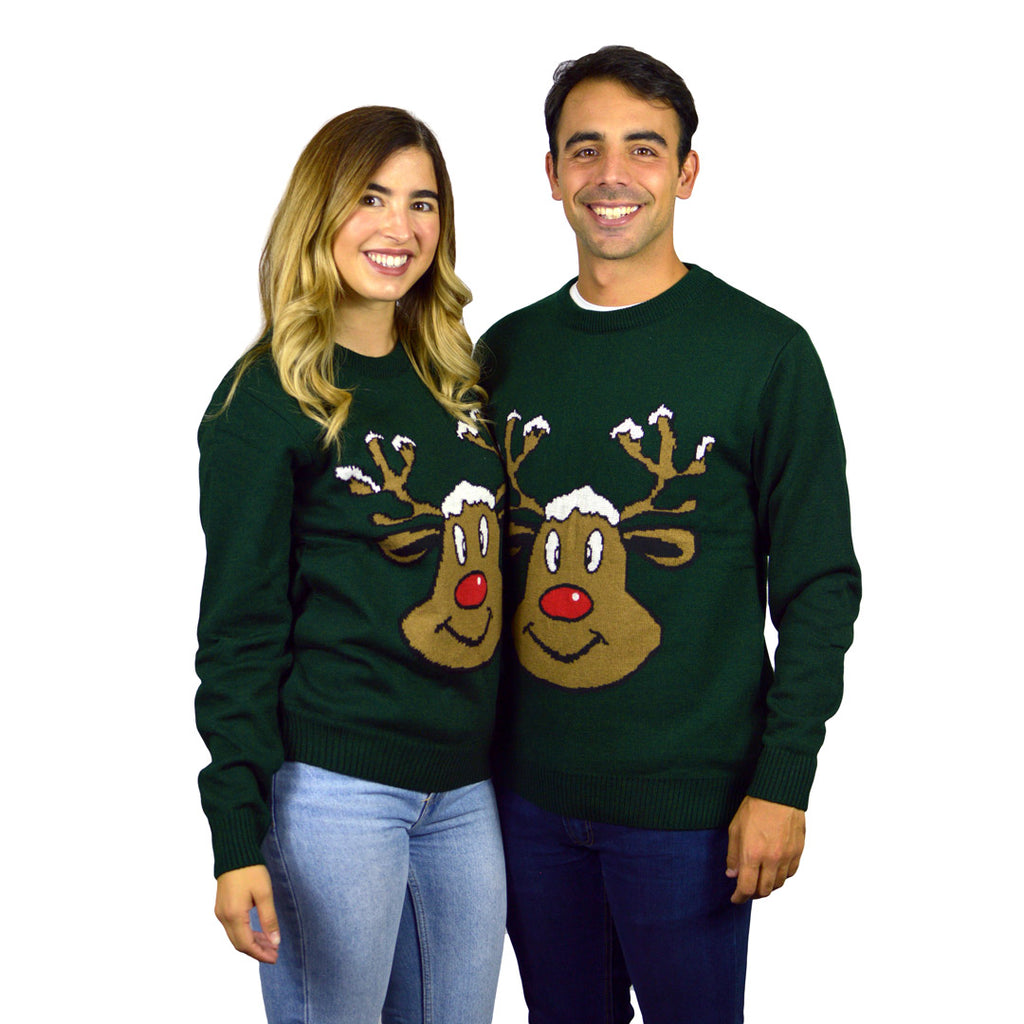 Green Christmas Jumper with Smiling Reindeer couple