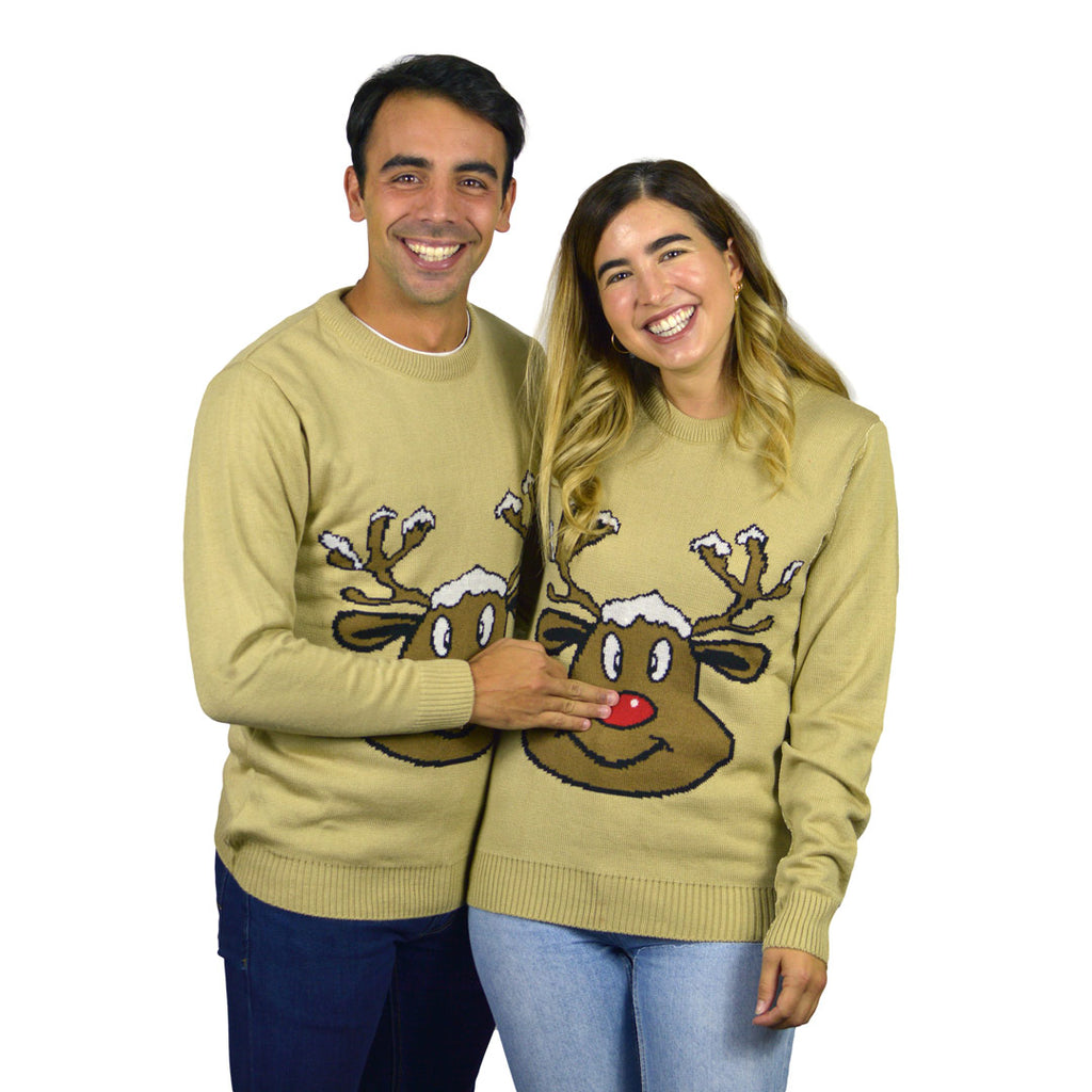 Beige Christmas Jumper with Smiling Reindeer couple