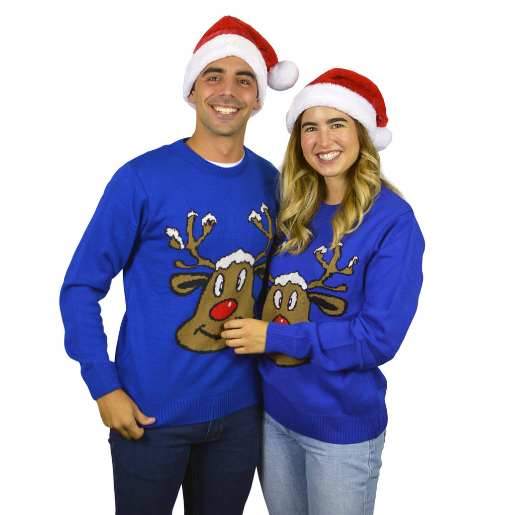 Blue Family Christmas Jumper with Smiling Reindeer couple