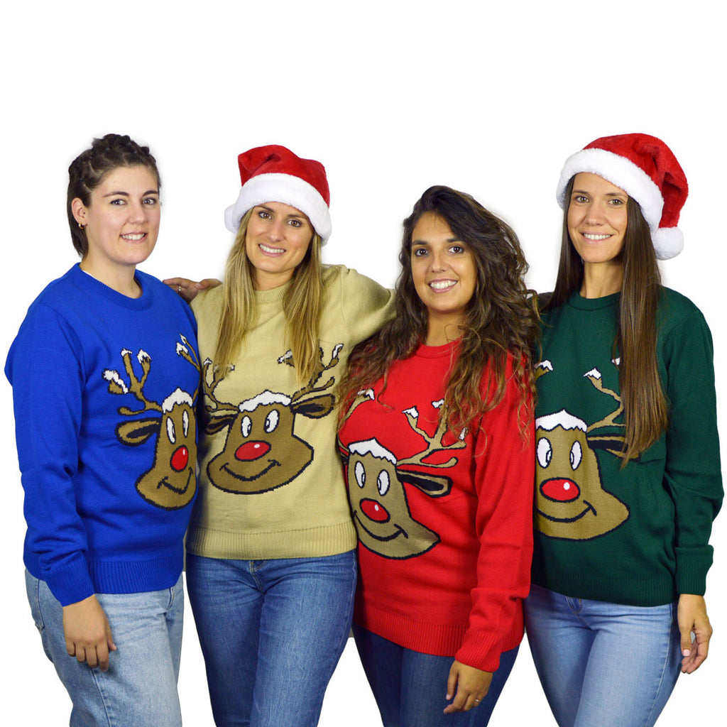 Red Family Christmas Jumper with Smiling Reindeer womens
