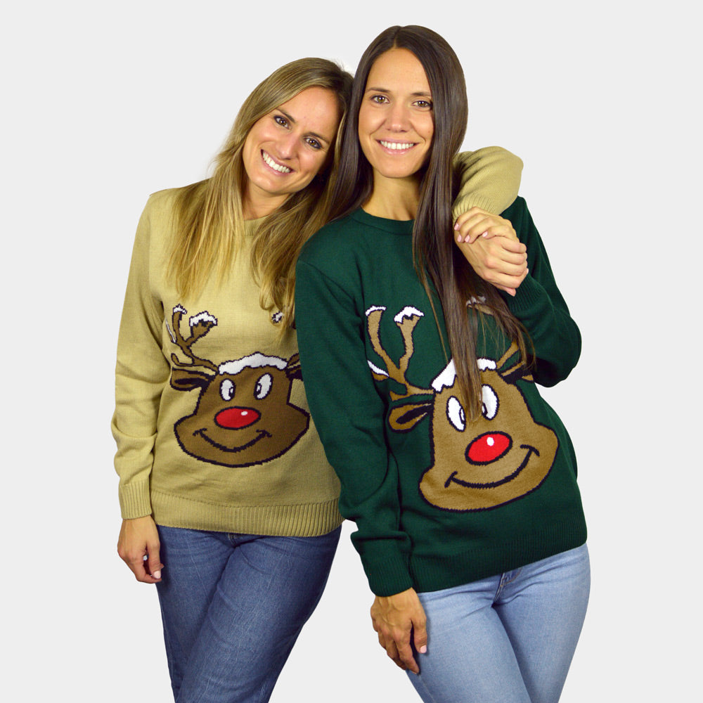 Green Christmas Jumper with Smiling Reindeer womens