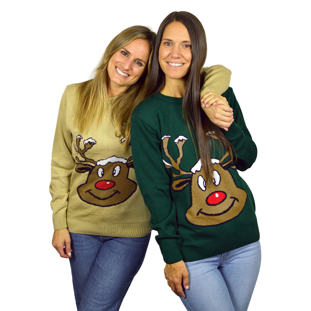 Green Christmas Jumper with Smiling Reindeer womens