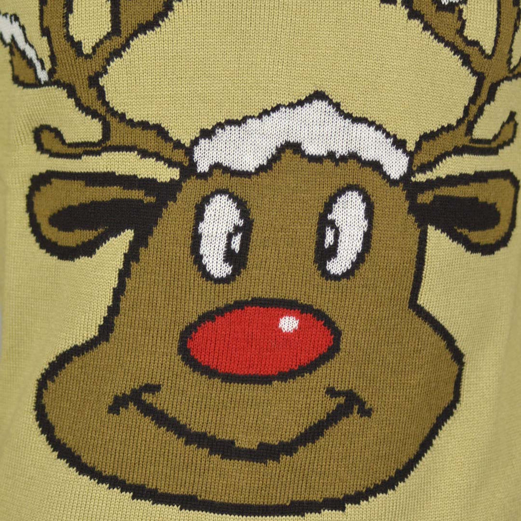 Beige Boys and Girls Christmas Jumper with Smiling Reindeer Detail