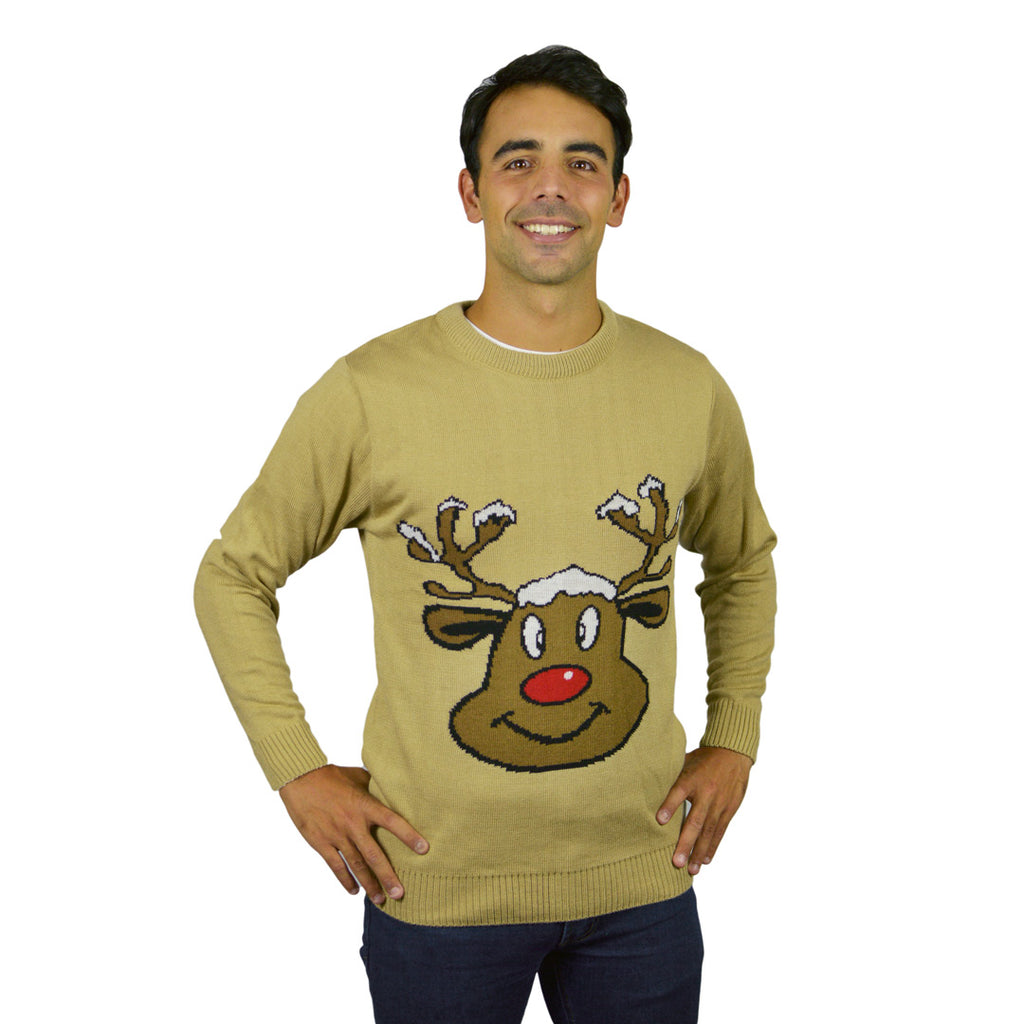 Beige Christmas Jumper with Smiling Reindeer Mens