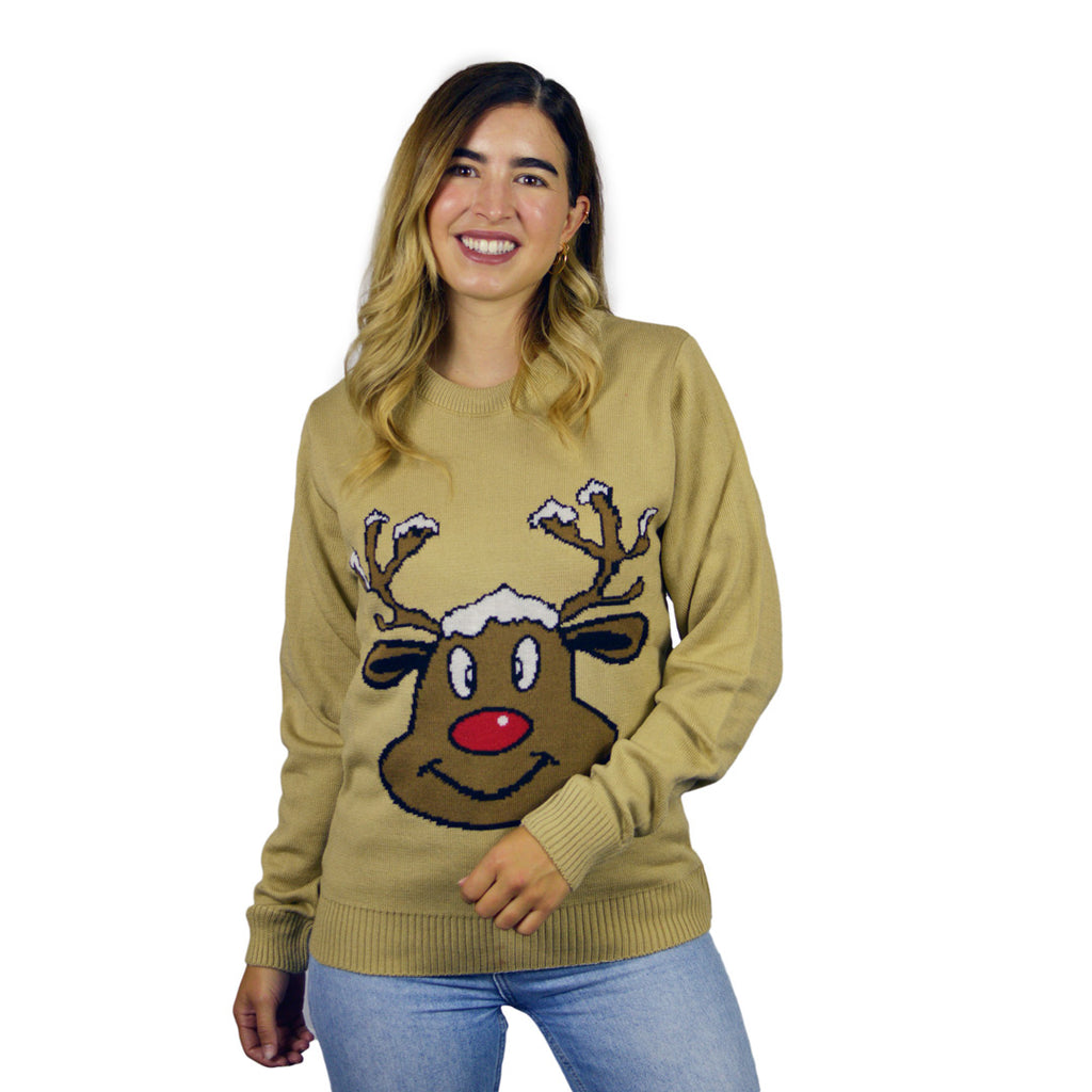Beige Christmas Jumper with Smiling Reindeer Womens