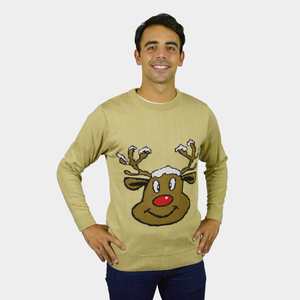 Beige Family Christmas Jumper with Smiling Reindeer Mens