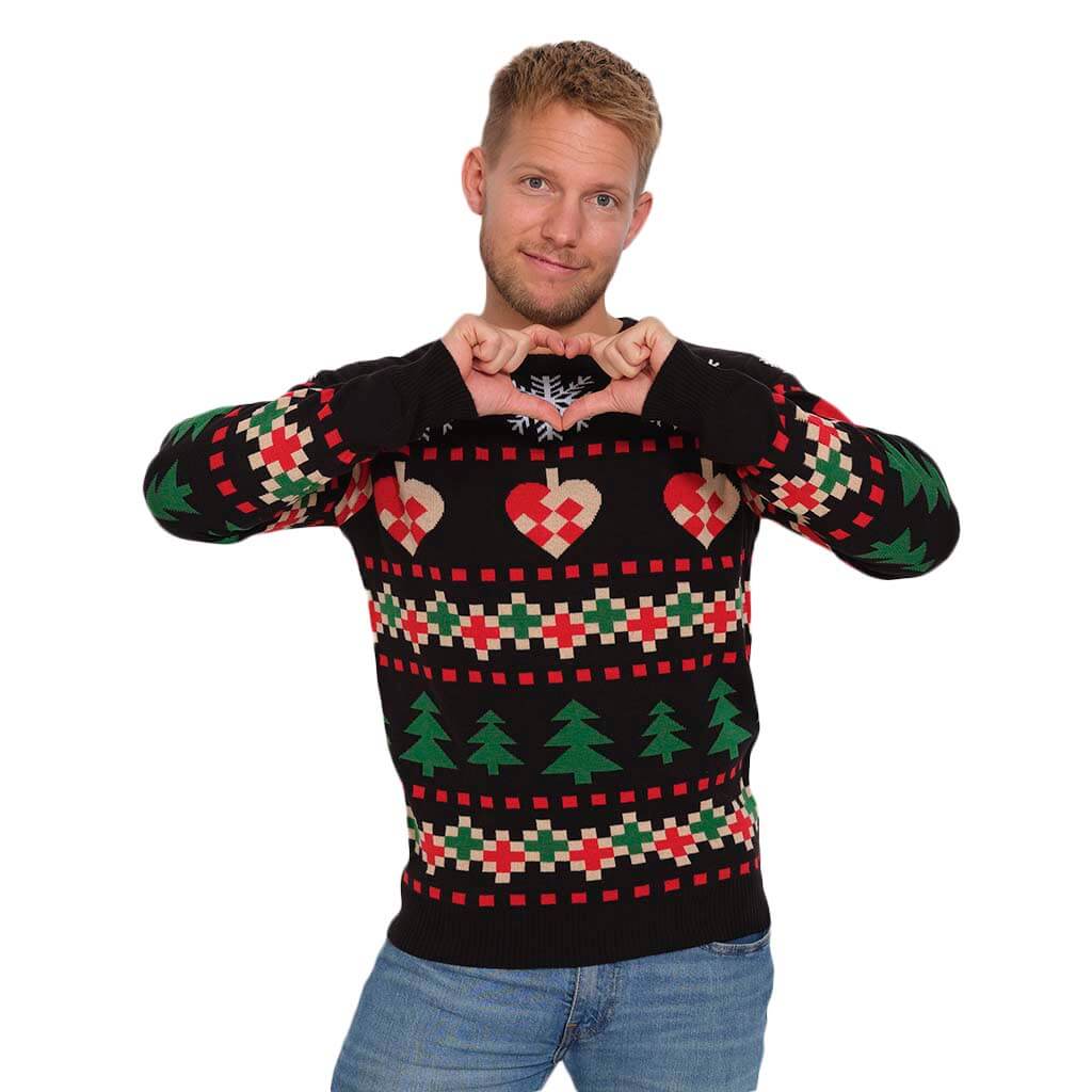 Black Christmas Jumper with Snow, Hearts and Trees Mens