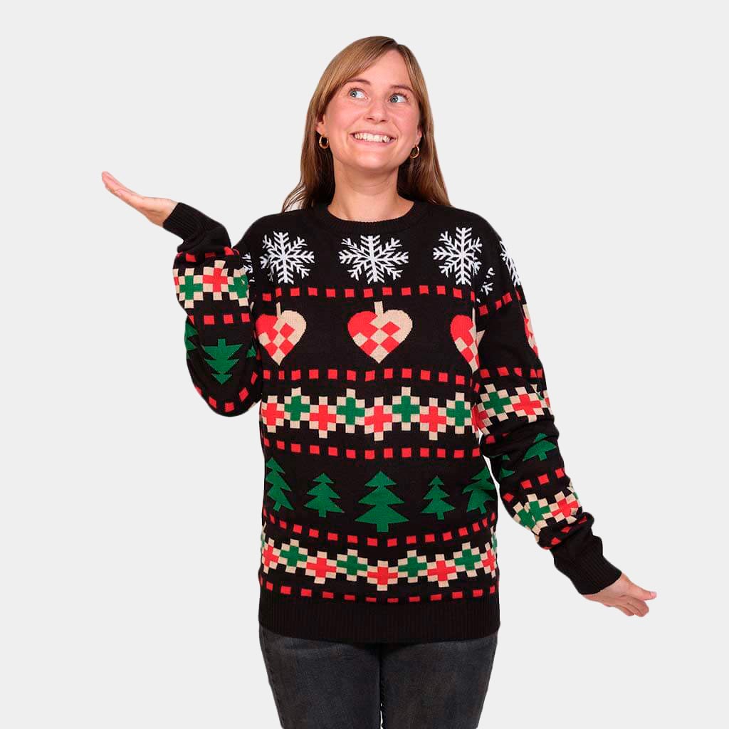 Black Christmas Jumper with Snow, Hearts and Trees Womens